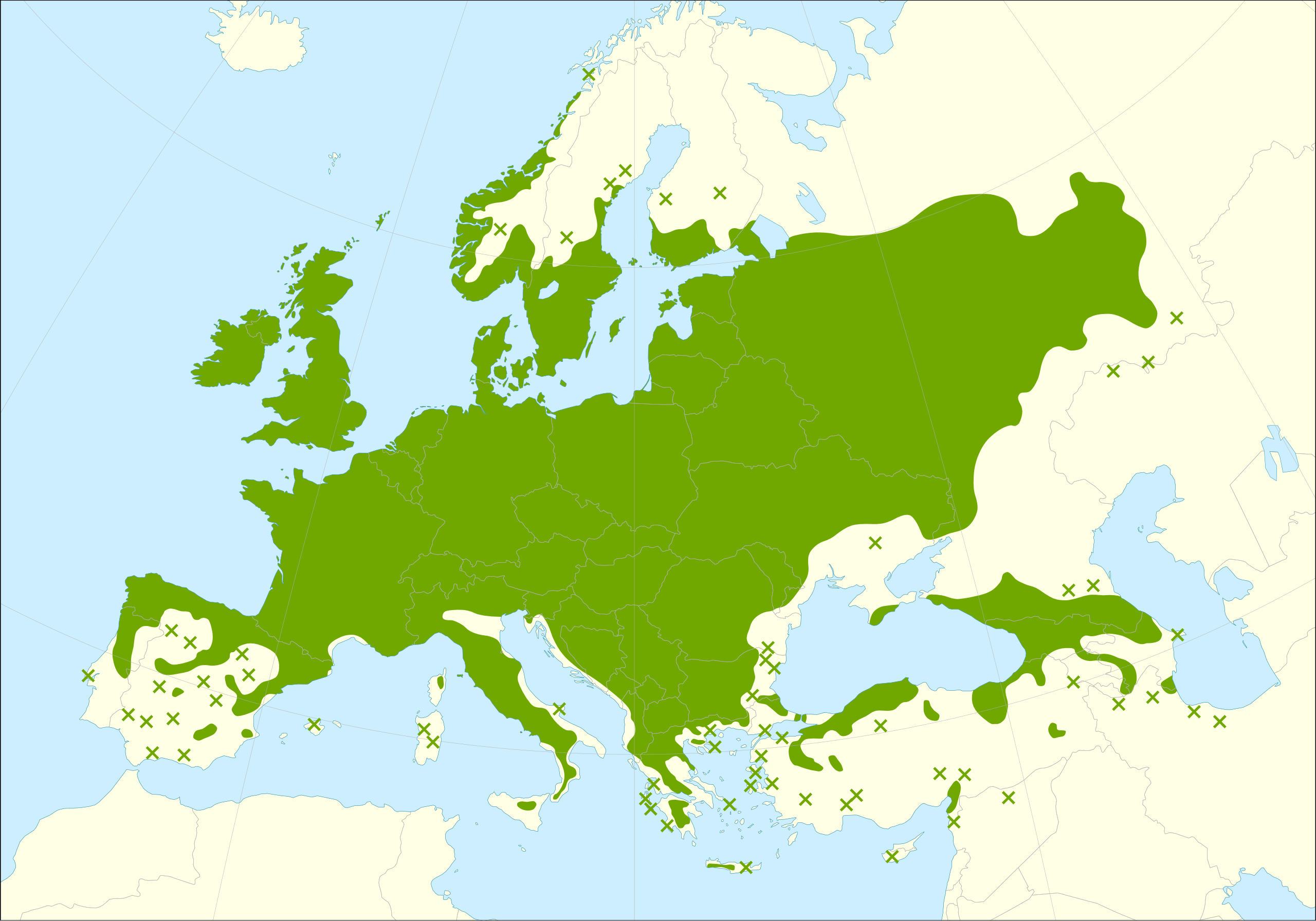 Verspreidingsgebied van Corylus avellana