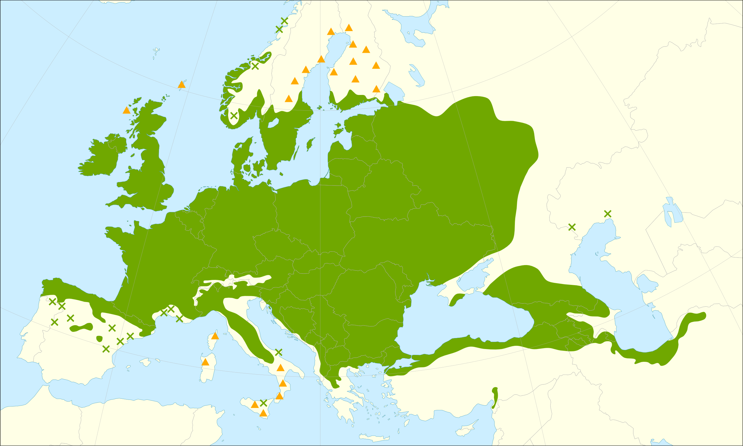 Verspreidingsgebied van Fraxinus excelsior