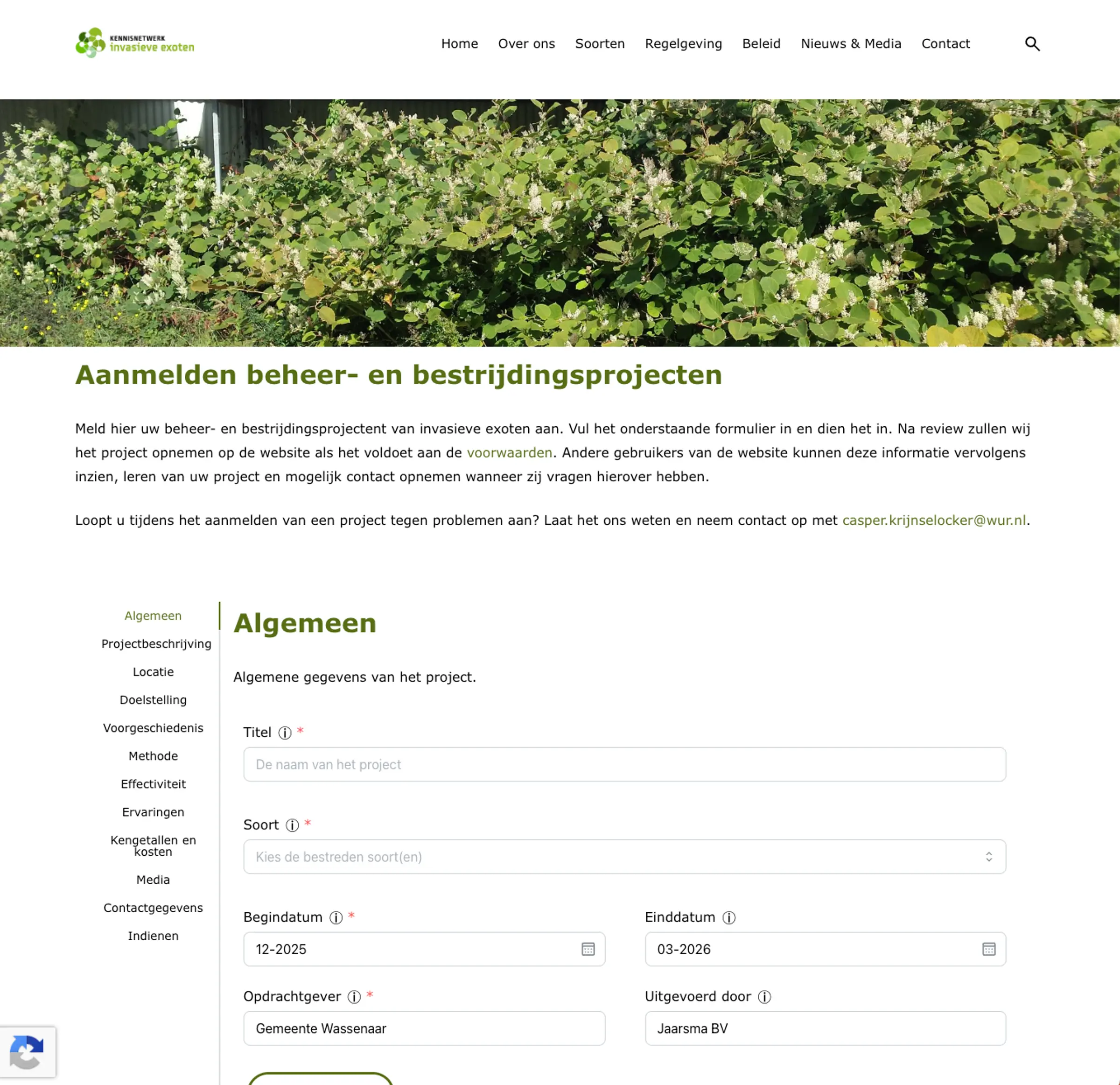 Aanmeldformulier van het projectenplatform van de invasieve exoten website