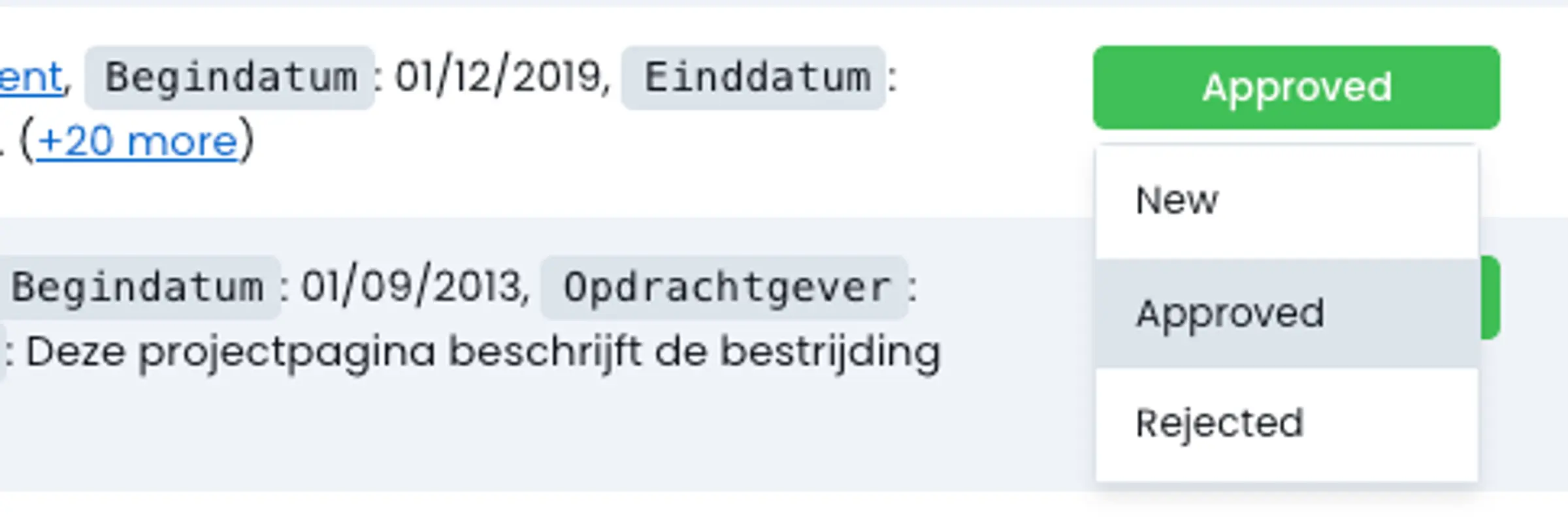 Detail van ingekomen formulieren met mogelijkheid deze automatisch om te zetten in een projectpagina