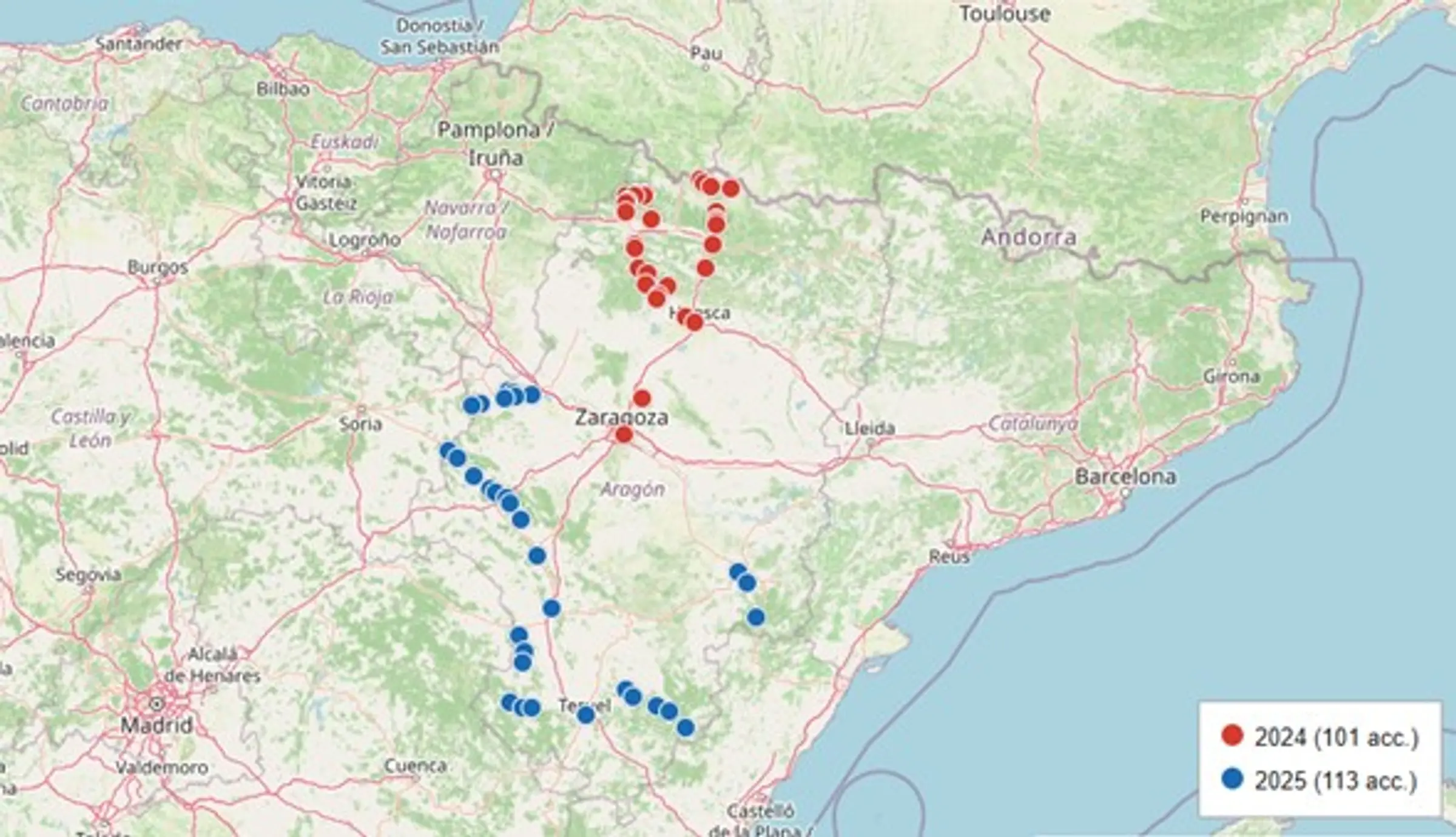 Collecting sites in Aragon, Spain. Red = 2024 mission; blue = 2025 mission.