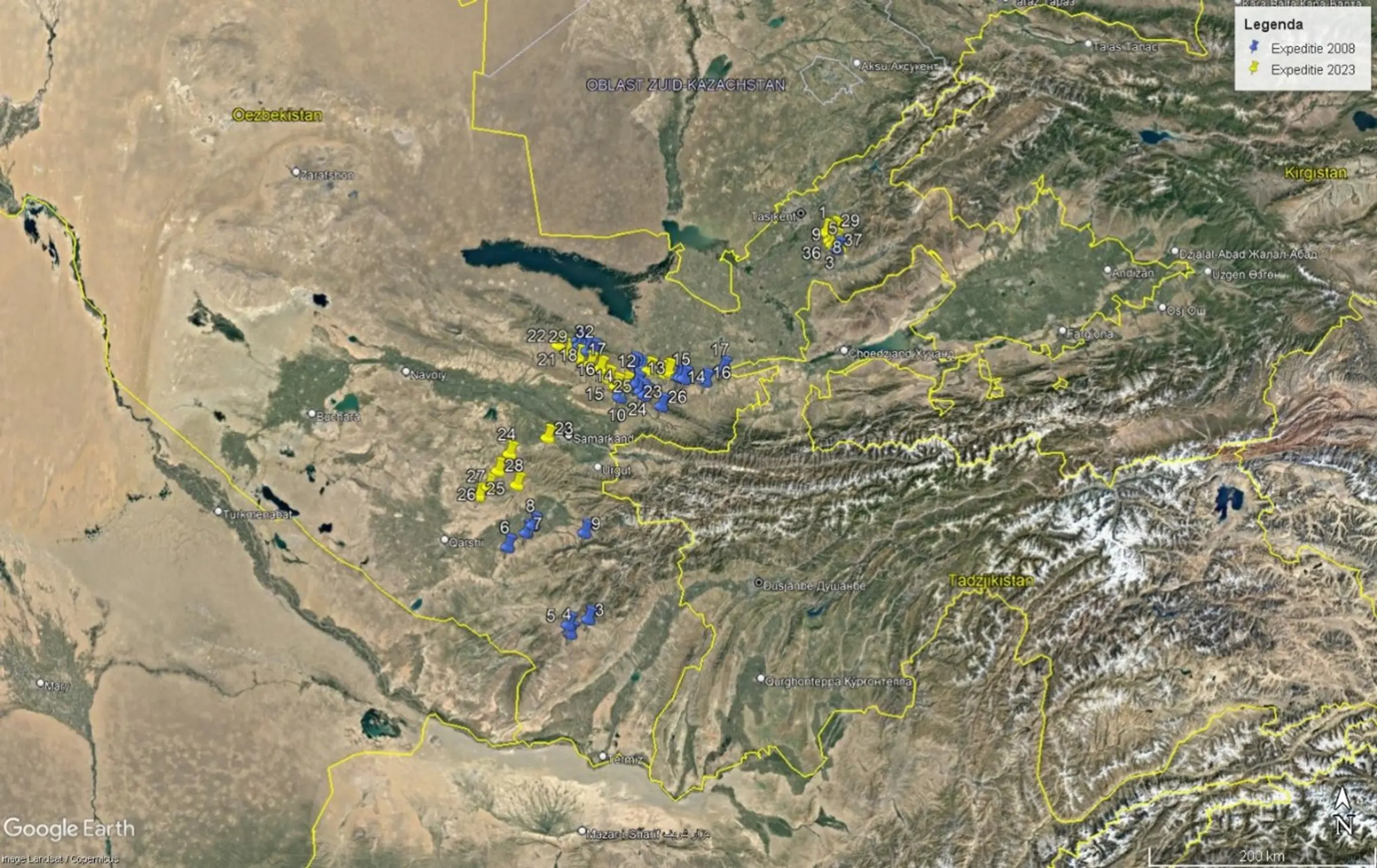 Mission area map of southern Uzbekistan, showing all collection sites. In yellow the collection sites of this mission and in blue the sites of the 2008 mission.