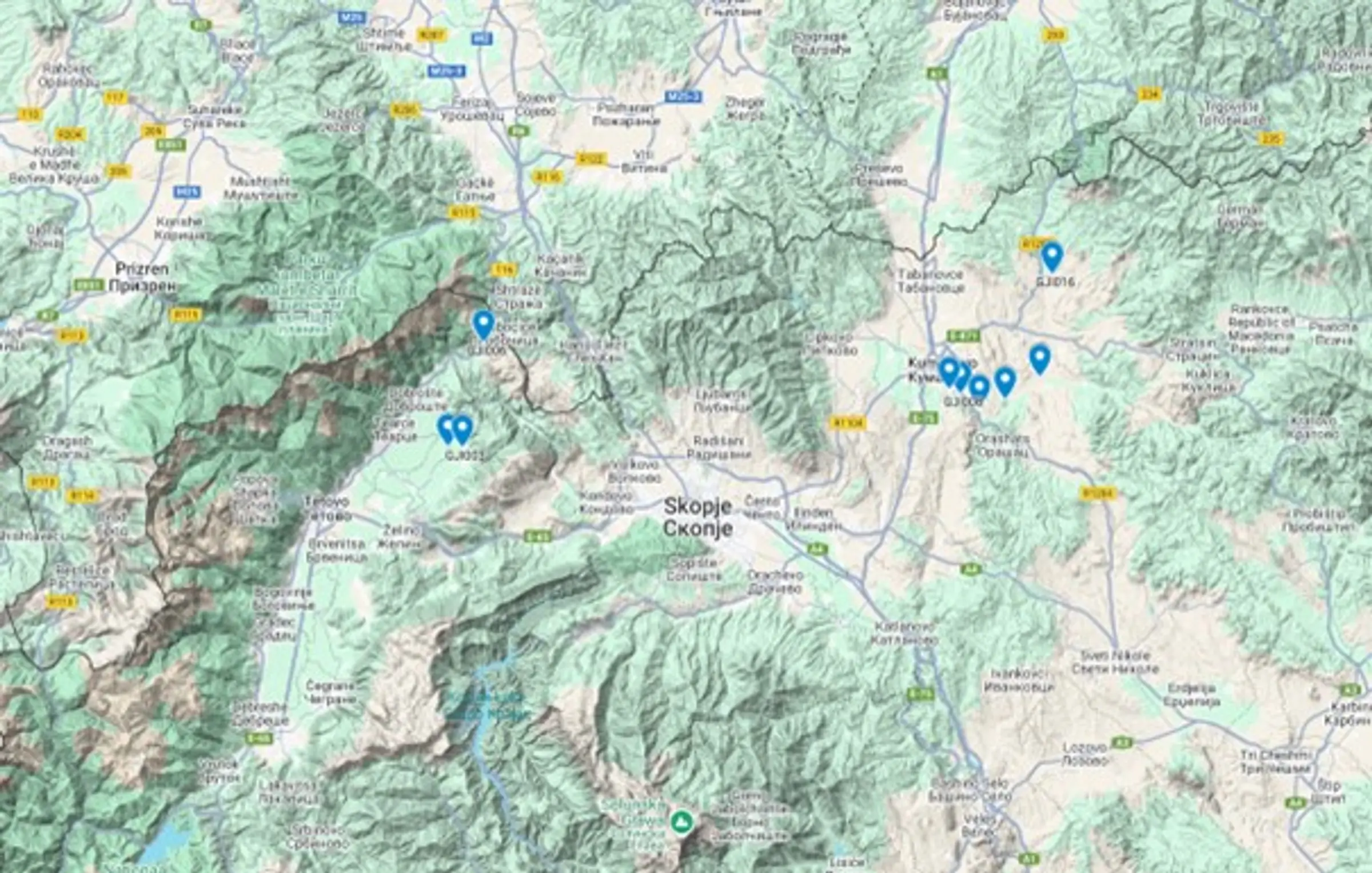 Mission area map showing the 2 areas that were explored. Labels indicate the 9 collection sites
