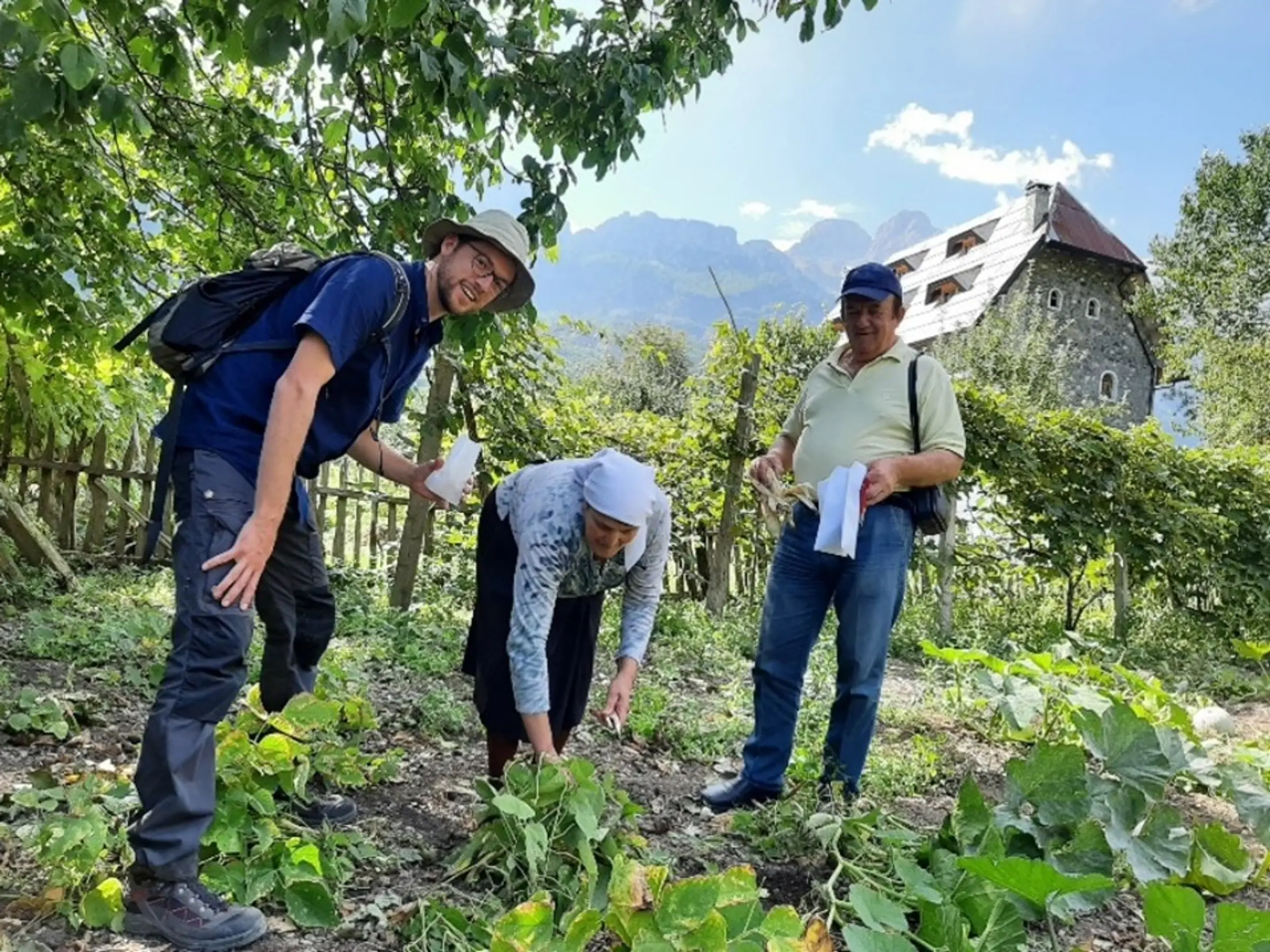 Rik Lievers (left) and Belul Gixhari (right) collecting beans from the kitchen garden of Lula (middle)
